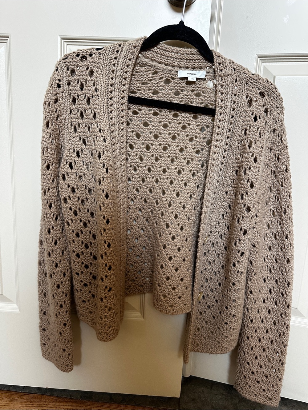 Vince Open Crochet Knit Cardigan in Taupe